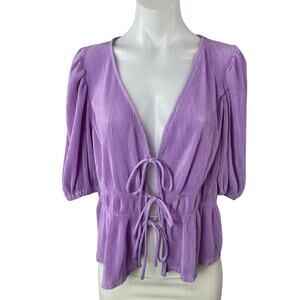 MNG Mango Purple Lilac Plisse Short Puff Sleeve Tie Knot Peplum Blouse Top Sz L